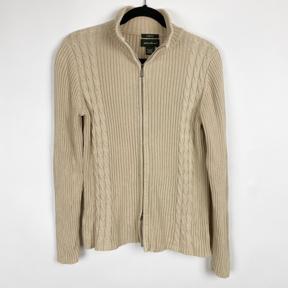 Eddie Bauer Cable Knit Full Zip Mock Neck Sweater Womens‎ L Cream Beige Capsule